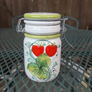 Vintage Italian Red and Green Strawberry Hinged Ceramic Jar Canister with Lid